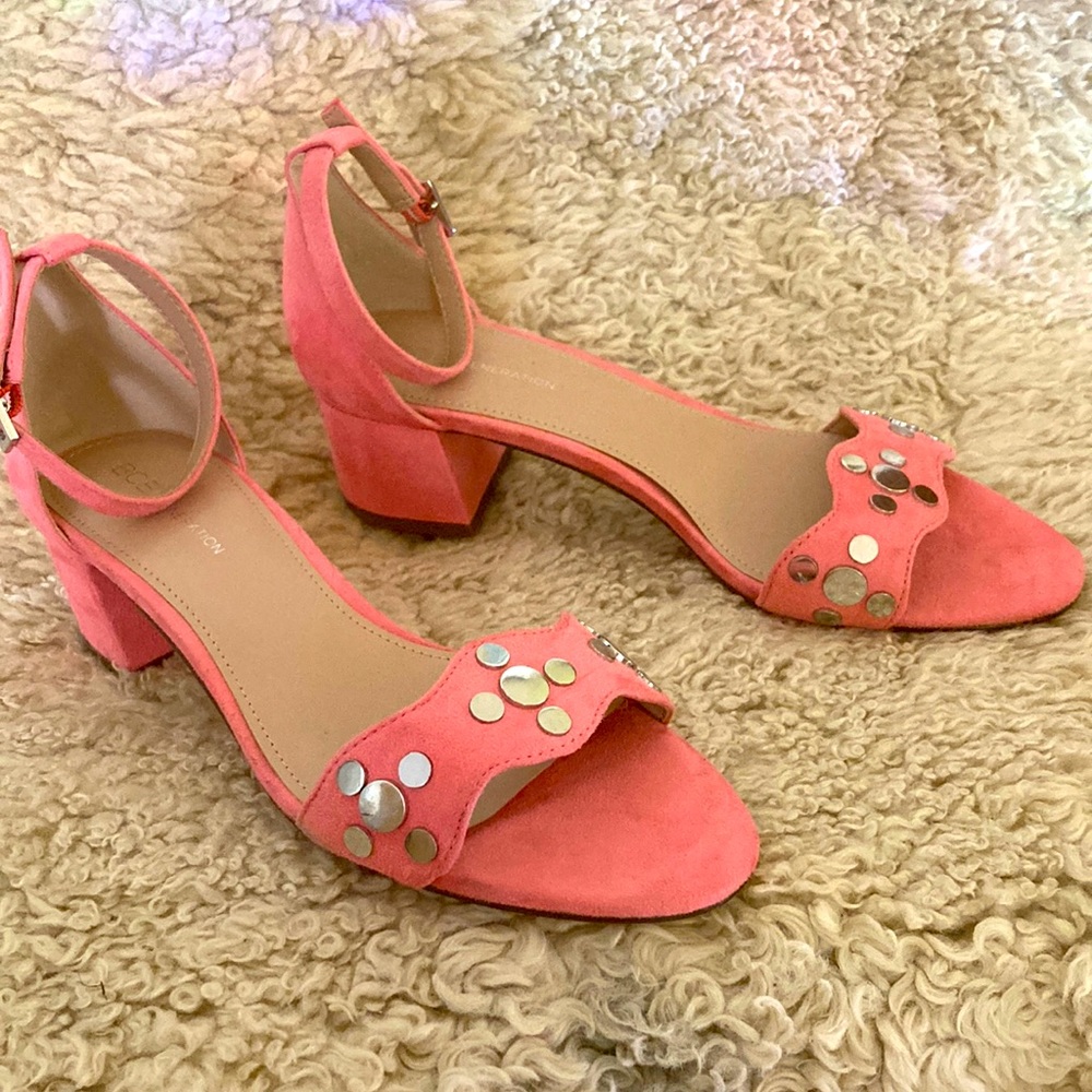 NWOT BCBGeneration low heel open toe pumps with silver mirror detail on  strap